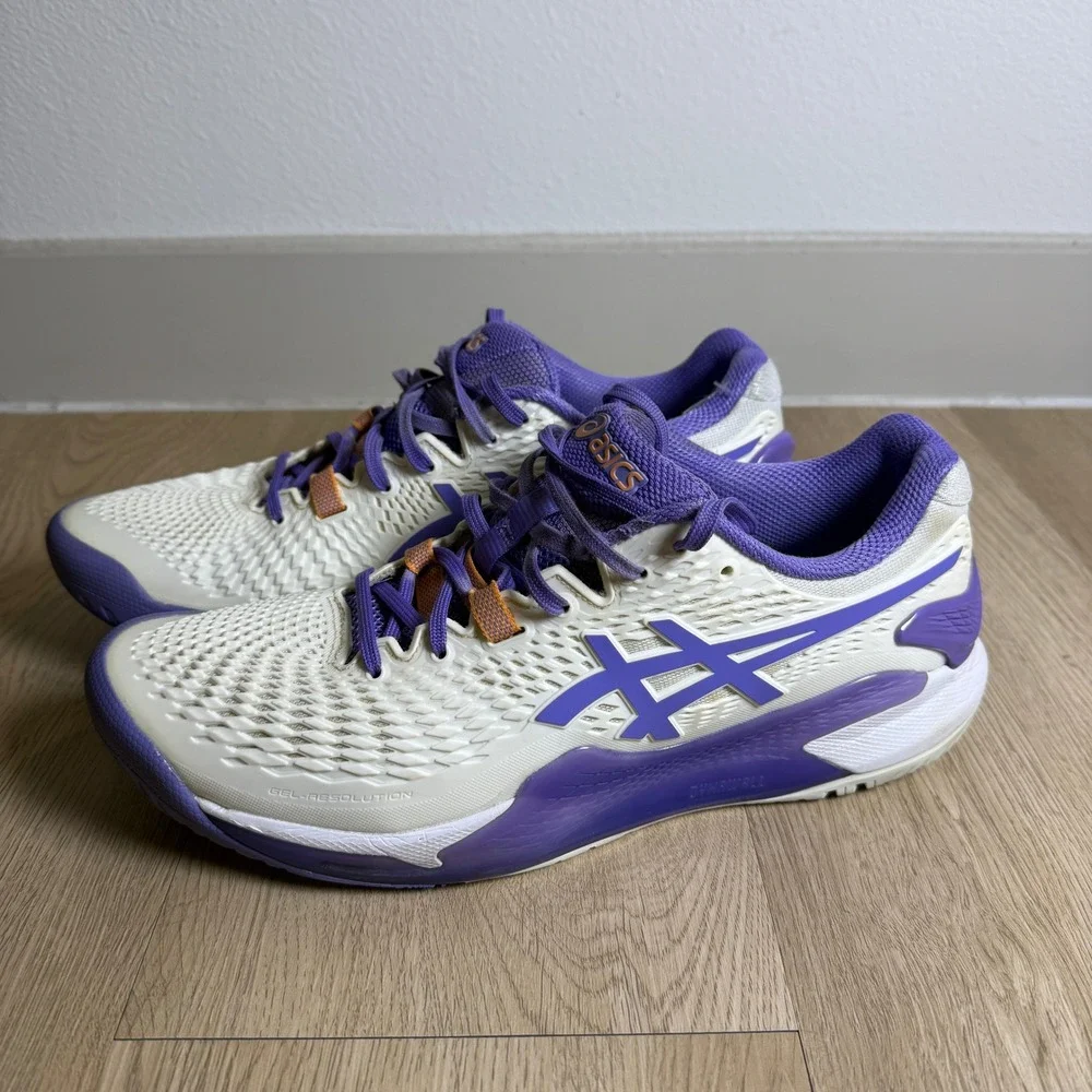 ASICS‎ Gel Resolution 9 Wide Womens Size 10 Cream Purple Tennis Shoes 1042A226